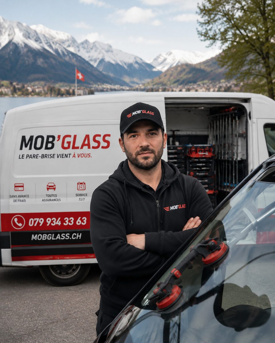 Marc, fondateur de Mob'Glass, devant le camion-atelier